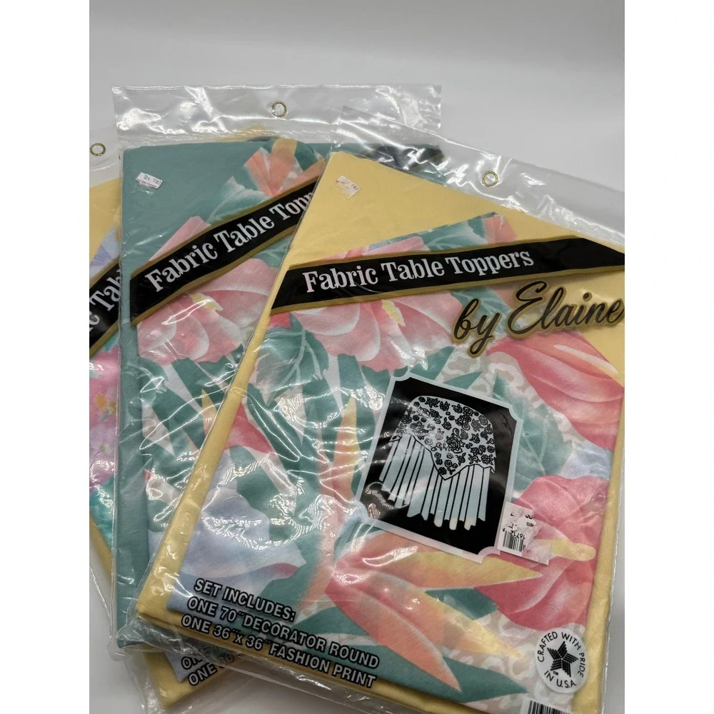 3x Vintage Elaine Fabric Table Toppers Set 2pc Floral Tropical 70 Round